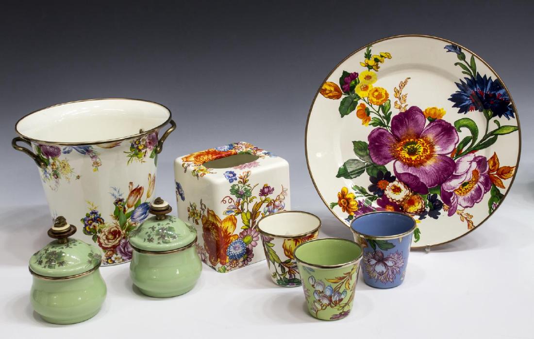 (8) MACKENZIE-CHILDS ENAMELWARE COLLECTION: (lot of 8) MacKenzie-Childs enamelware "Flower Market" collection, white ground with colorful floral design, comprising: (1) ice bucket, 8"h, 8.5" diam.; (1) tissue box cover, 5.5"h, 5"w; (1) plate,12