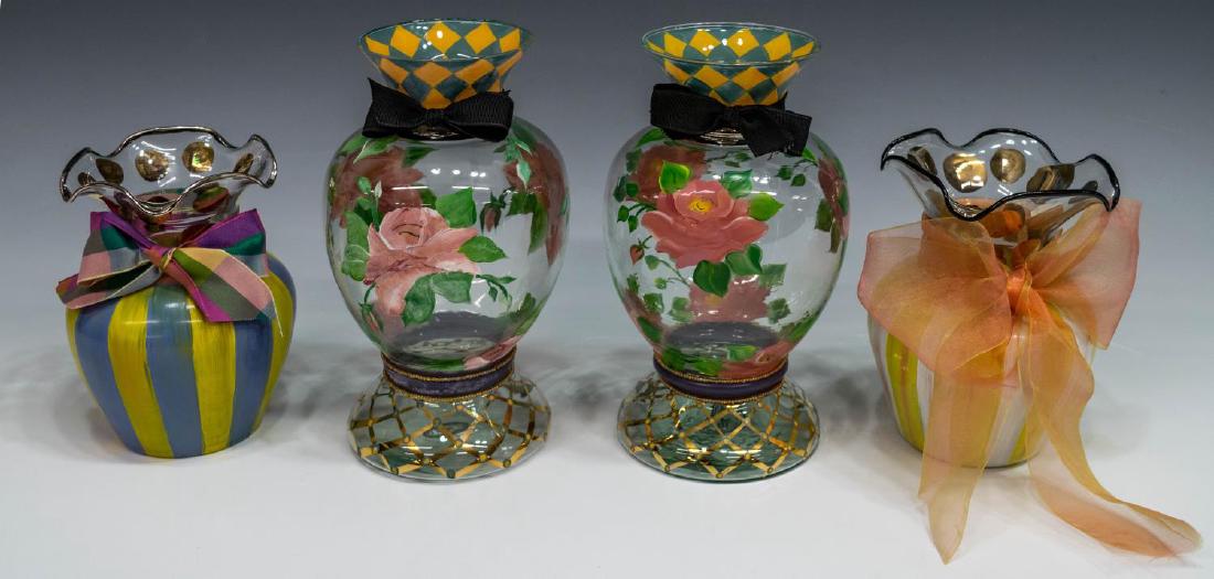 (4) MACKENZIE-CHILDS PAINTED GLASS 'CIRCUS' VASES: (lot of 4) MacKenzie-Childs painted glass vases, "Circus" patterns, including: (pair) "Alma Beth Motif" vases, each approx 8.75"h; (2) ruffled rim "Bud" vases, various color schemes, each approx 6.25"