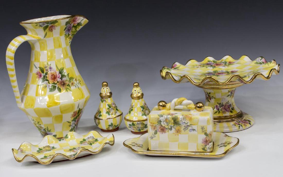 (6) MACKENZIE-CHILDS CERAMIC TABLEWARE COLLECTION: (6) MacKenzie-Childs ceramic tableware collection, including: (1) pedestal cake stand, "Lemon Curd", approx 6"h, 12"diam; (1) covered rectangular butter plate, "Lemon Curd", approx 5"h, 10.5"w, 6"d; (
