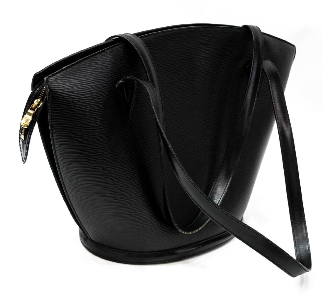 LOUIS VUITTON ST JACQUES BLACK EPI LEATHER HANDBAG: Louis Vuitton "Saint Jacques" shoulder bag in black Epi leather, gold tone hardware, zip top opens to grey interior featuring single zipped pocket, scuffing to base and exterior, creasing to handles, 