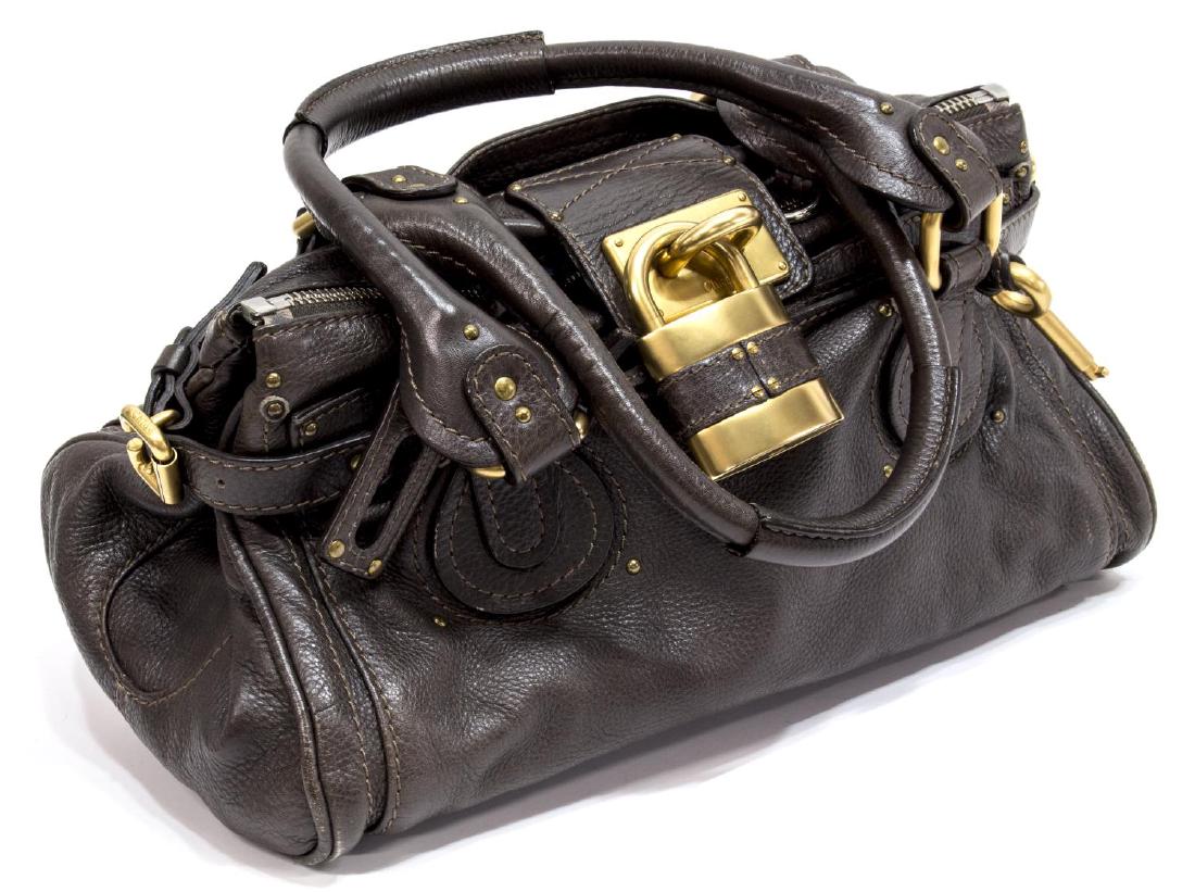 CHLOE 'PADDINGTON MM' GRAINED LEATHER HAND BAG: Chloe "Paddington" in dark gray leather with gold tone hardware, exterior flap pockets, top unzips to canvas lined interior with a zipper pocket, retaining signature lock and key, zippers are numbered