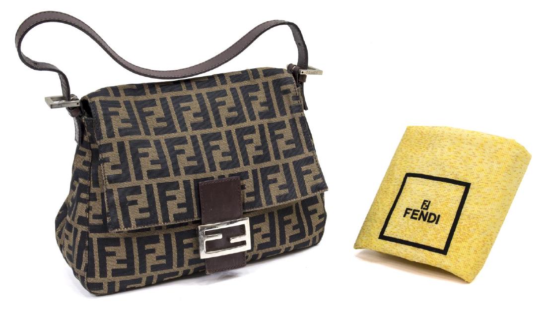 FENDI ZUCCA MONOGRAM CANVAS & LEATHER SHOULDER BAG: Fendi shoulder bag in brown Zucca monogrammed canvas, brown leather accents, silver tone hardware, magnetic snap opening flap to dark brown lined interior with single zip side pocket, adjustable shoul