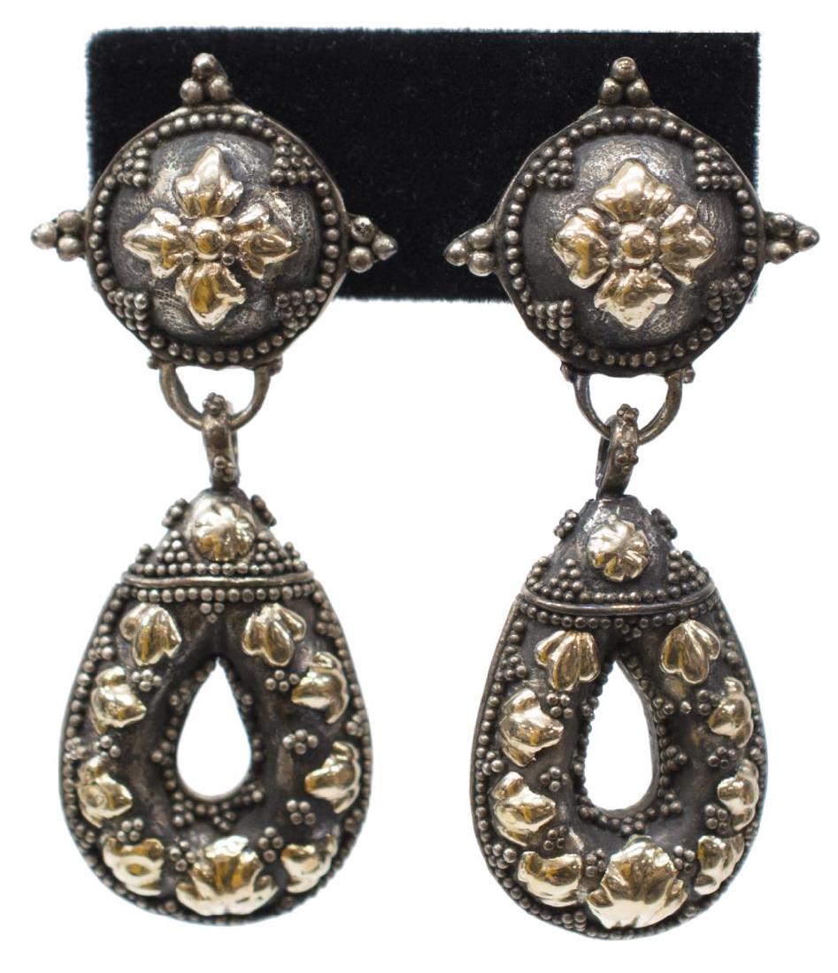 (2) JOHN HARDY 18K & STERLING DANGLE EARRINGS: (pair) Ladies estate John Hardy 18kt yellow gold and sterling dangle earrings, having a post and hinge clip back with gold accented front and open teardrop hoop, marked on back, restoration to posts,