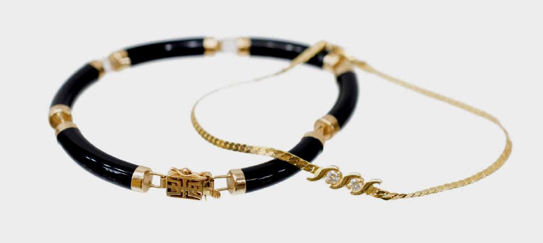 (2) LADIES ESTATE 14KT DIAMOND & ONYX BRACELETS: (lot of 2) Ladies estate 14kt yellow gold bracelets, comprising: (1) onyx link bracelet, marked on clasp, 6.5"l; (1) s-link chain bracelet set with (two) round cut diamonds, approx. 0.08cttw, 7"l, 11.