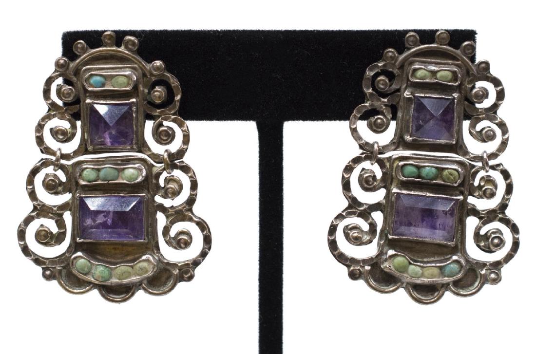 (PR) MATILDE POULAT MEXICO STLG, AMETHYST EARRINGS: (pair) Vintage 925 sterling silver, amethyst and turquoise earrings, engraved MatP (Matilde Eugenia Poulat, active Mexico City), each scrolled silver frame set with amethyst and old turquoise cabochon