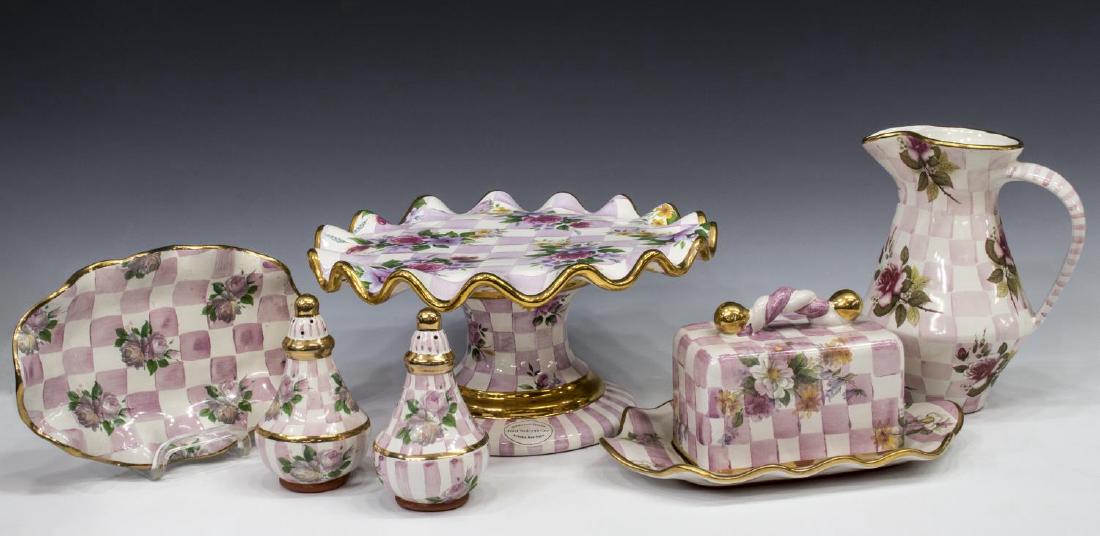 (6) MACKENZIE-CHILDS HONEYMOON ROSE PETAL GROUP: (lot of 6) MacKenzie-Childs hand painted ceramic terra cotta tableware, in "Honeymoon" pattern, "Rose Petal" color, comprising: (1) cake stand, 5.5"h, 12" diam.; (1) pitcher, 8"h; (2) covered butter d