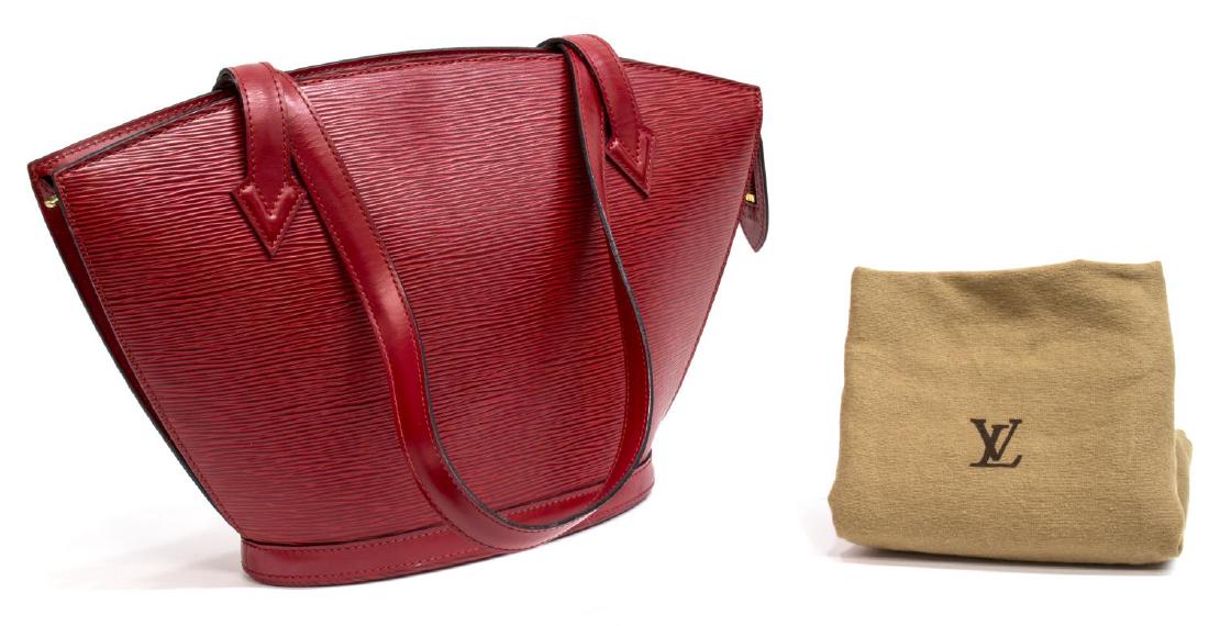 LOUIS VUITTON 'ST JACQUES PM' RED EPI LEATHER BAG: Louis Vuitton "St. Jacques PM" in red Epi leather with long straps, gold tone hardware, zipper top opening to an interior with a single slip pocket, accompanied by dust bag, creasing, spotting and scu