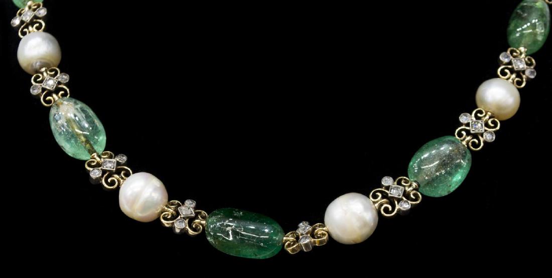 LADIES ESTATE 14K DIAMOND EMERALD PEARL NECKLACE: Ladies estate 14kt yellow gold necklace, the pierced filigree links set with (63) rose cut diamonds, approx. 1.0cttw, segmented with (9) polished emerald beryl beads, included, various sizes, and (10)