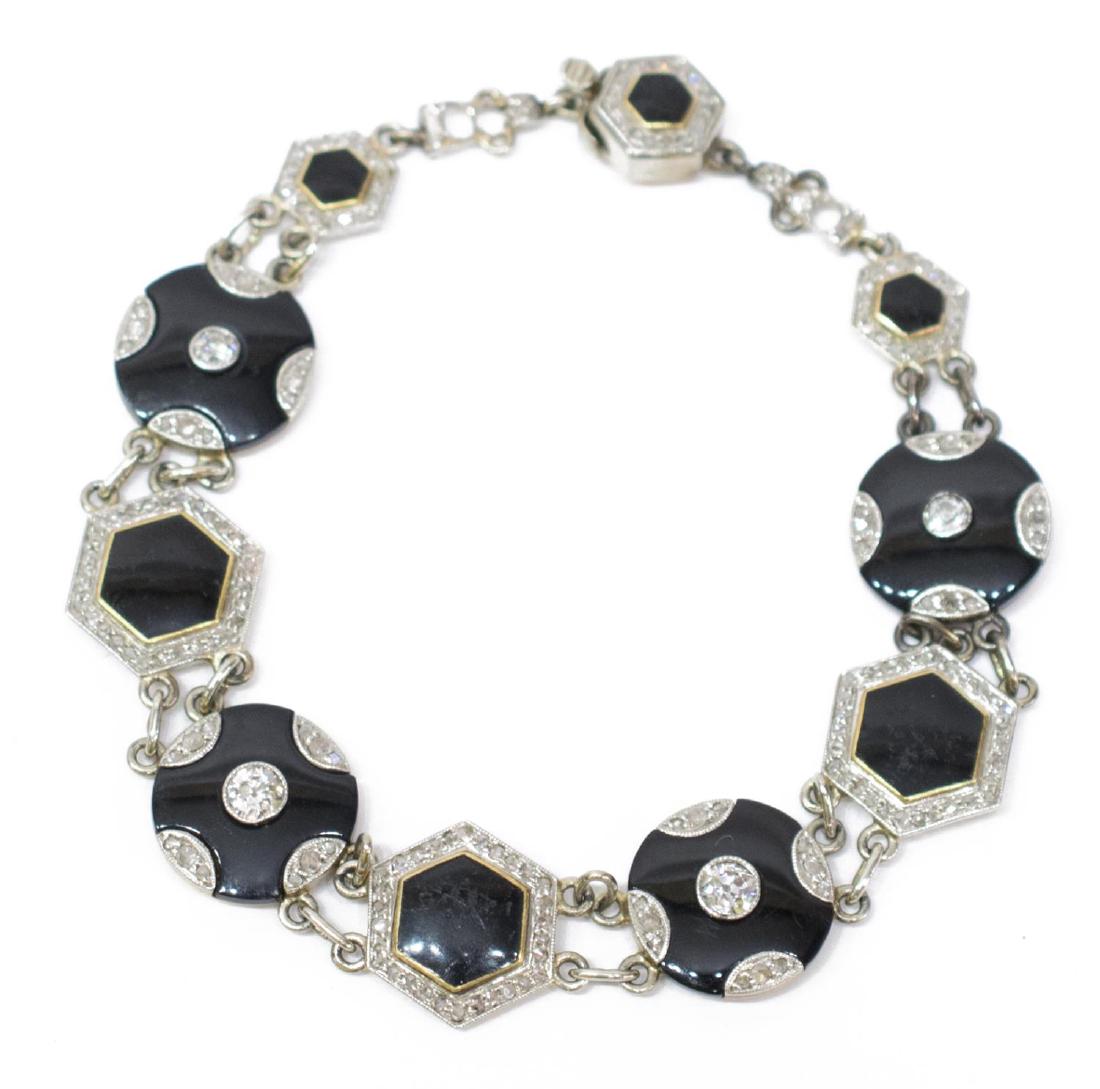ANTIQUE DIAMOND, PLATINUM, 18K, ONYX BRACELET: Ladies estate late Edwardian / Early Art Deco bracelet, alternating 18kt gold and platinum, onyx, enamel links set with European and rose cut diamonds, scratches to onyx, 7"l, 17.6 grams (inclusive of
