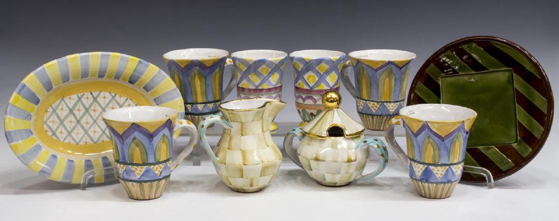 (10) MACKENZIE-CHILDS PARCHMENT CHECK & MORE: (lot of 10) MacKenzie-Childs hand painted ceramic terra cotta tableware, in Parchment Check, Taylor, and unnamed pattern, comprising: (1) lidded sugar bowl, 5.5"h; (1) creamer, 4.5"h; (1) small oval p