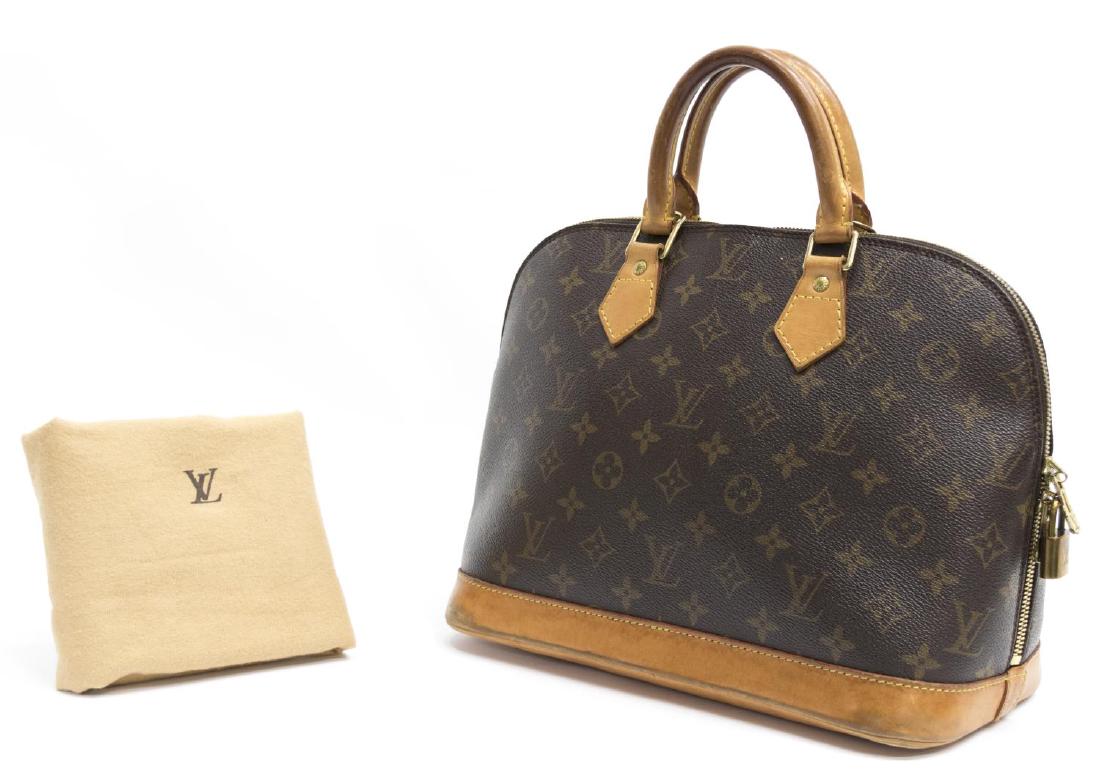 LOUIS VUITTON 'ALMA' MONOGRAM CANVAS HANDBAG: Louis Vuitton "Alma" handbag in monogram canvas, having leather handles and trim, gold tone hardware, dual zipper opening to a canvas lined interior with slip pocket, accompanied by dust bag, patinati