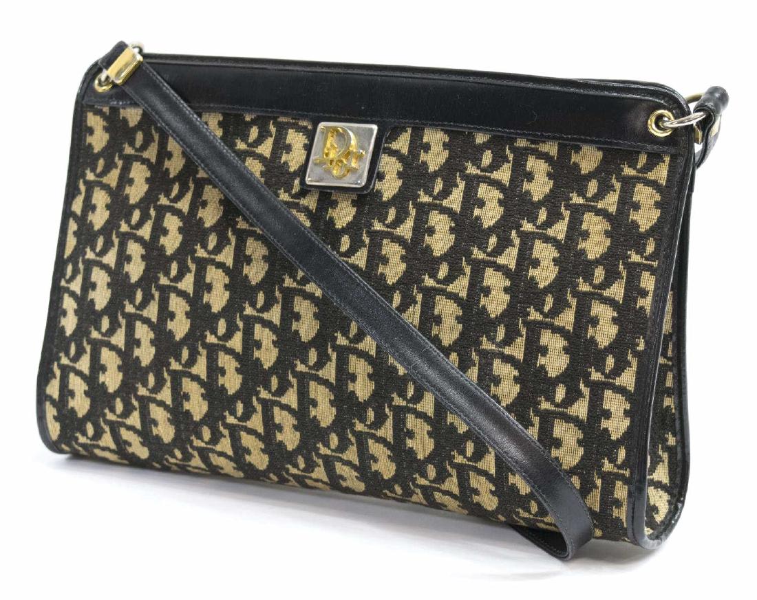 DIOR MONOGRAM GRAINED LEATHER SHOULDER BAG: Dior shoulder bag in monogrammed grained leather, metal logo to front, silver and gold hardware, black leather handle strap and accents, creasing to leather, no date code found, bag: approx 7.5"h, 11"
