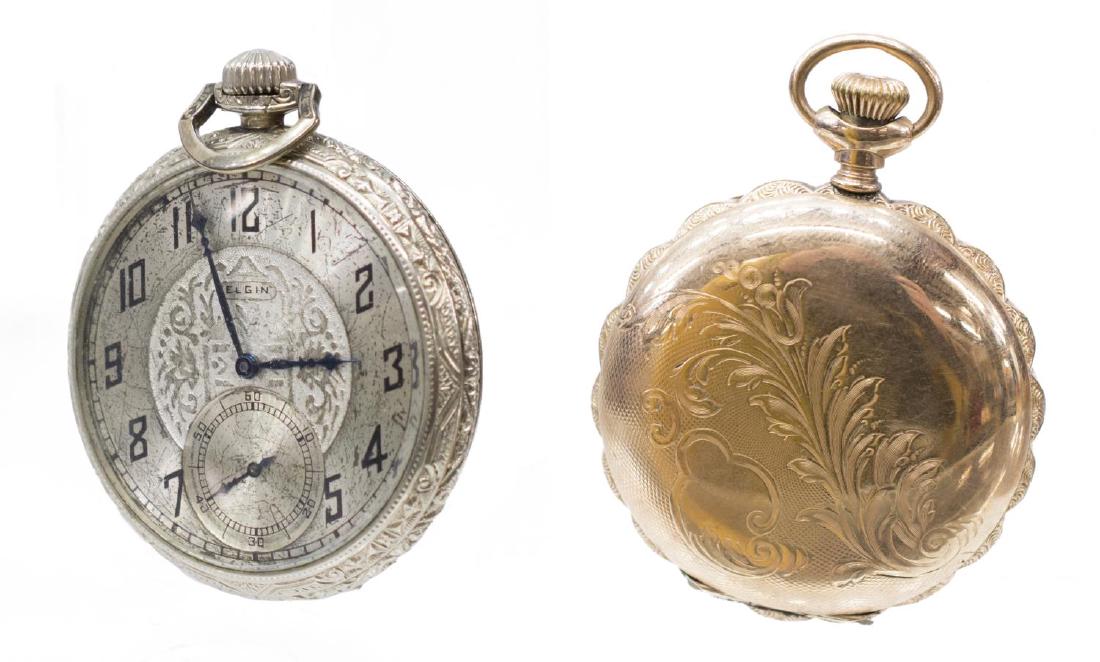 (2) OPERATING ELGIN POCKET WATCHES 14K HUNTER CASE: (lot of 2) Elgin pocket watches, comprising: (1) open face pocket watch, 17j, 12s, in 14k white gold filled deco case, silver tone face with Arabic numbers, second hand sub dial, serial number: 299750