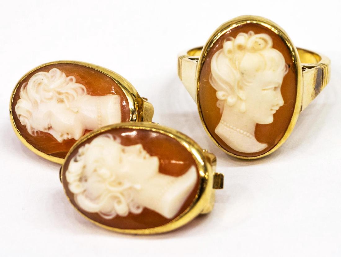 (3) LADIES ESTATE 14K CARVED SHELL CAMEO SUITE: (lot of 3) Ladies estate 14kt and carved shell cameo suite, comprising: (2) earrings, with post and lever backs, set with oval cameos, approx. 0.75"l; (1) ring, set with a cameo, bezel set in pierced 