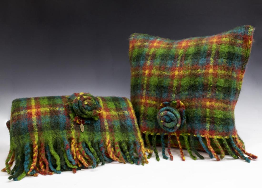 (2) MACKENZIE-CHILDS WOOL & MOHAIR THROW & PILLOW: (lot of 2) Mackenzie-Childs "Highland Rose" wool and mohair blend tartan design items, (1) square pillow and (1) throw, approx 49"l, 58"w, 2lbs *Provenance: Barnard's Antiques, Salado, Texas* Start Pr