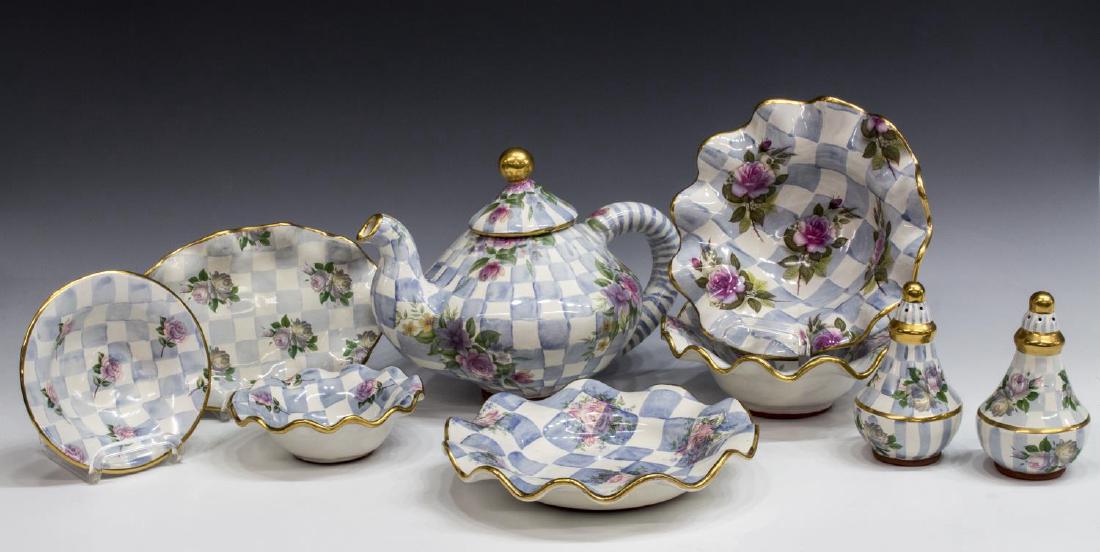 (9)MACKENZIE-CHILDS CERAMIC 'MORNING GLORY' COLLEC: (lot of 9) MacKenzie-Childs ceramic tea and tableware, "Honeymoon", in blue "Morning Glory", including: (1) teapot, approx 9"h; (2) salt and pepper shakers, 5.5"h; (2) wavy rim bowls, approx 7.75"diam