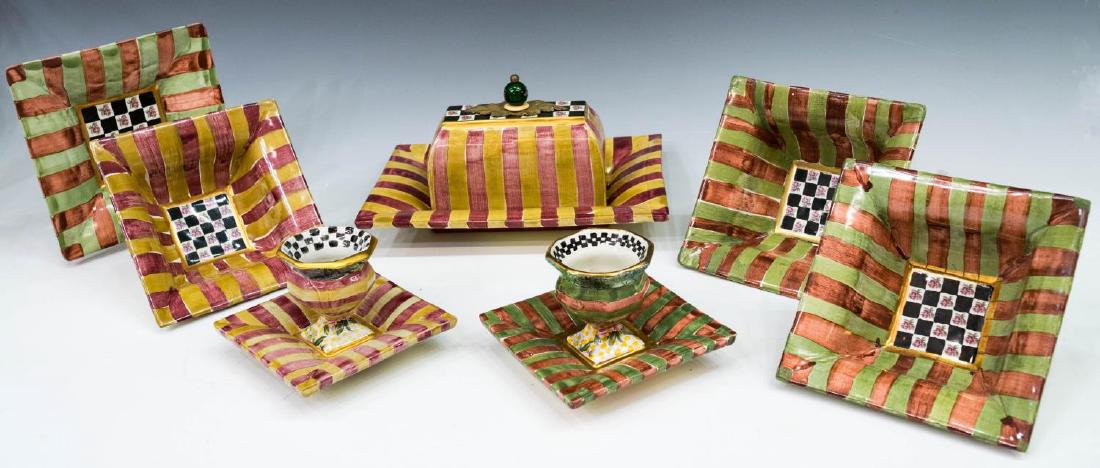 (7) MACKENZIE-CHILDS CERAMIC 'TORQUAY' TABLEWARE: (lot of 7) MacKenzie-Childs ceramic tableware, from the "Torquay" collection, in "Frank and Mustard" and "Palm and Devon Clay", including: (1) covered butter plate, approx 5"h, 9.5"w, 6.75"d; (3) squa