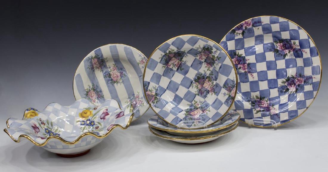 (6) MACKENZIE-CHILDS CERAMIC 'MORNING GLORY' BOWLS: (lot of 6) MacKenzie-Childs ceramic tableware, "Honeymoon", in blue "Morning Glory", including: (1) wavy rim serving bowl, approx 12.25"diam; (4) low rimmed bowls, (one) in strips, approx 9"diam; (1) 