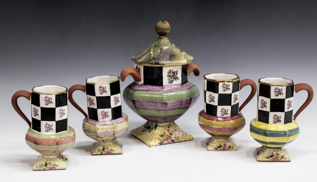 (4) MACKENZIE-CHILDS CERAMIC 'TORQUAY' TABLEWARE: (lot of 4) MacKenzie-Childs ceramic tableware, in "Torquay", in various color schemes including "Kelp and Urchin", "Frank and Mustard", and "Palm and Devon", comprising: (1) lidded and footed canister