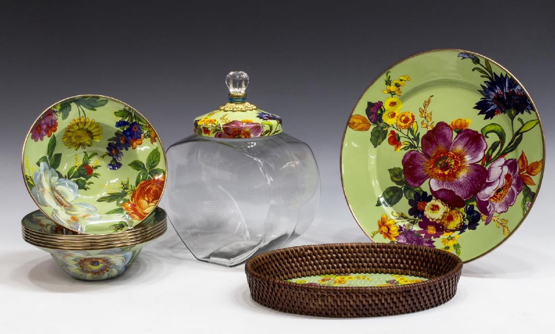 (9) MACKENZIE-CHILDS 'FLOWER MARKET' ENAMEL GROUP: (lot of 9) MacKenzie-Childs "Flower Market" enamelware group, having green ground with colorful floral design, comprising: (1) cookie jar, having a clear glass finial and gilt brass accent to enamel l