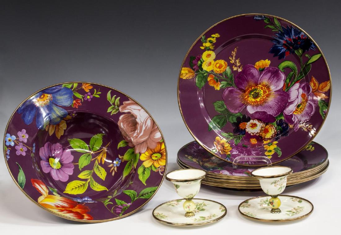 (10) MACKENZIE-CHILDS ENAMEL TABLEWARE COLLECTION: (lot of 10) MacKenzie-Childs enamel tableware, hand decorated and color-glazed steel, including: (7) dinner plates, rimmed in bronzed stainless steel, applied floral transfers, in plum "Flower Market"