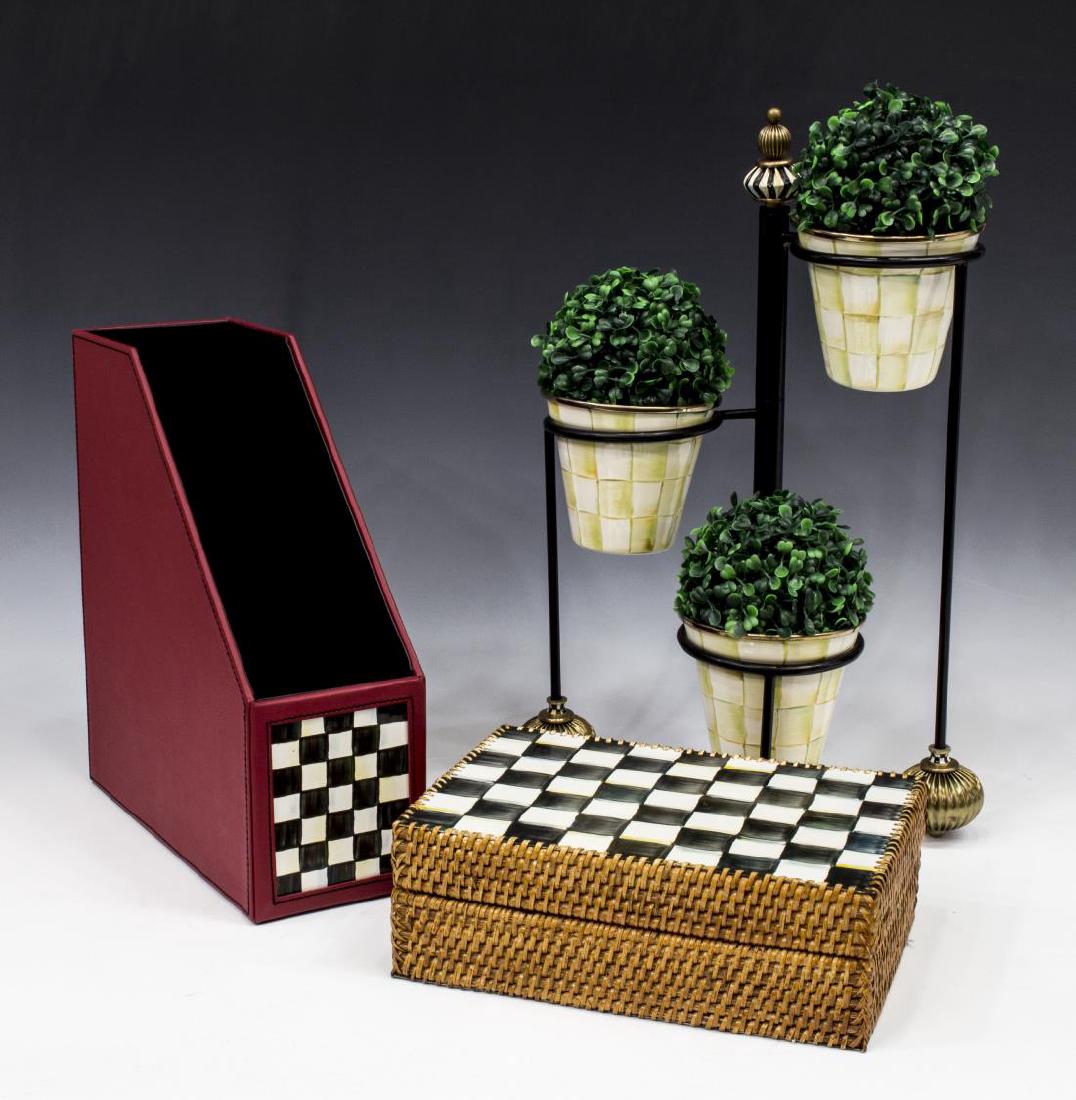 (3) MACKENZIE-CHILDS BOX, PLANTER & FILE HOLDER: (lot of 3) Mackenzie-Childs table accessories: (1) standing planter, three moveable legs with round supports holding "Parchment Check" enameled pots, on melon rib feet, set with faux plant balls, some