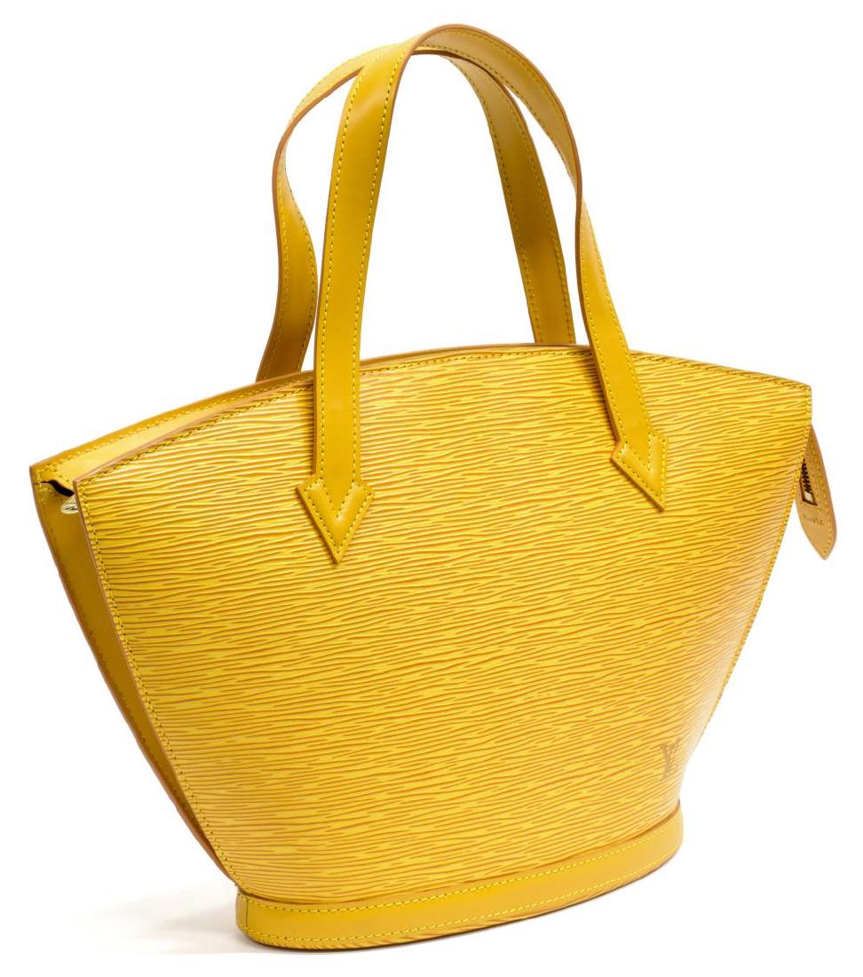 LOUIS VUITTON ST JACQUES PM YELLOW EPI LEATHER BAG: Louis Vuitton "St. Jacques PM" in Tassil Yellow Epi leather, having two handle straps, over a single zip closure, opening to purple lined interior with single slot pocket, minor scuffing, bag: approx 