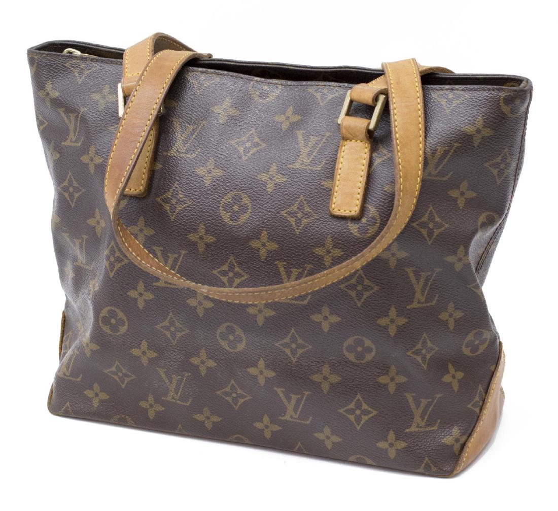LOUIS VUITTON 'CABAS PIANO' MONOGRAM TOTE BAG: Louis Vuitton "Cabas Piano" shoulder bag in monogram canvas, leather handles and trim, zip top brown canvas interior with slotted and cell pockets, patination, spotting, and creasing to leather, bag: 