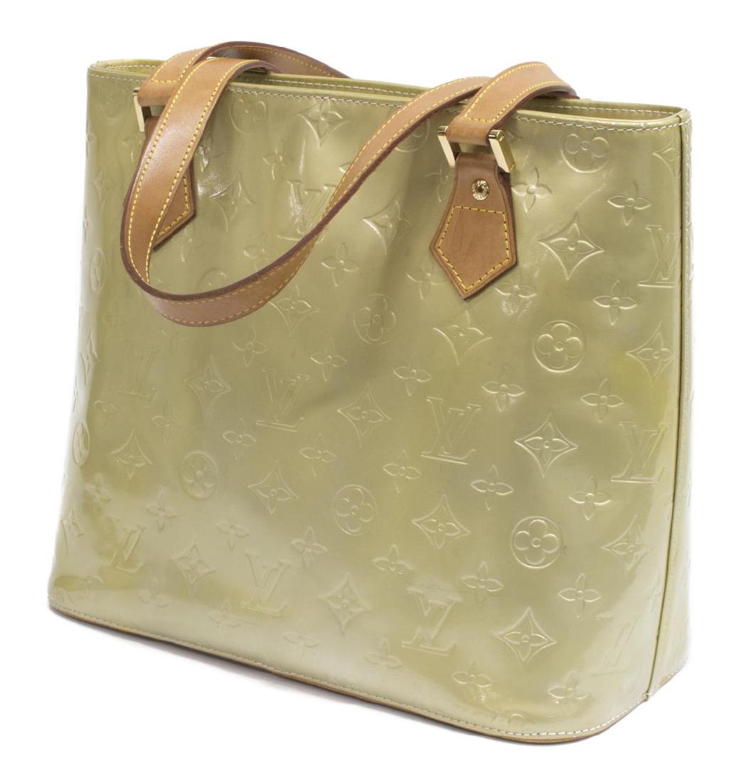 LOUIS VUITTON 'HOUSTON' BEIGE MONOGRAM VERNIS BAG: Louis Vuitton "Houston" tote bag in bronze monogram Vernis patent, having leather handles, piping and trim, the zip top opening to interior with single zip pocket and slot pocket, patination and spott