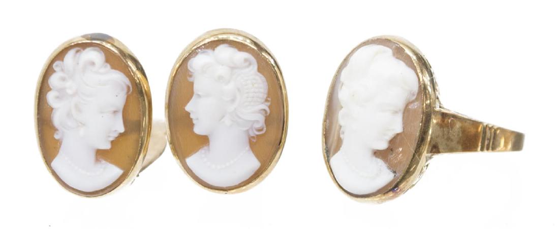 (3) LADIES ESTATE 14K & CARVED SHELL CAMEO SUITE: (lot of 3) Ladies estate 14kt and carved shell cameo suite, comprising: (2) earrings, with post and lever backs, set with oval cameos, approx. 0.75"l; (1) ring, set with a cameo, bezel set in pierced 
