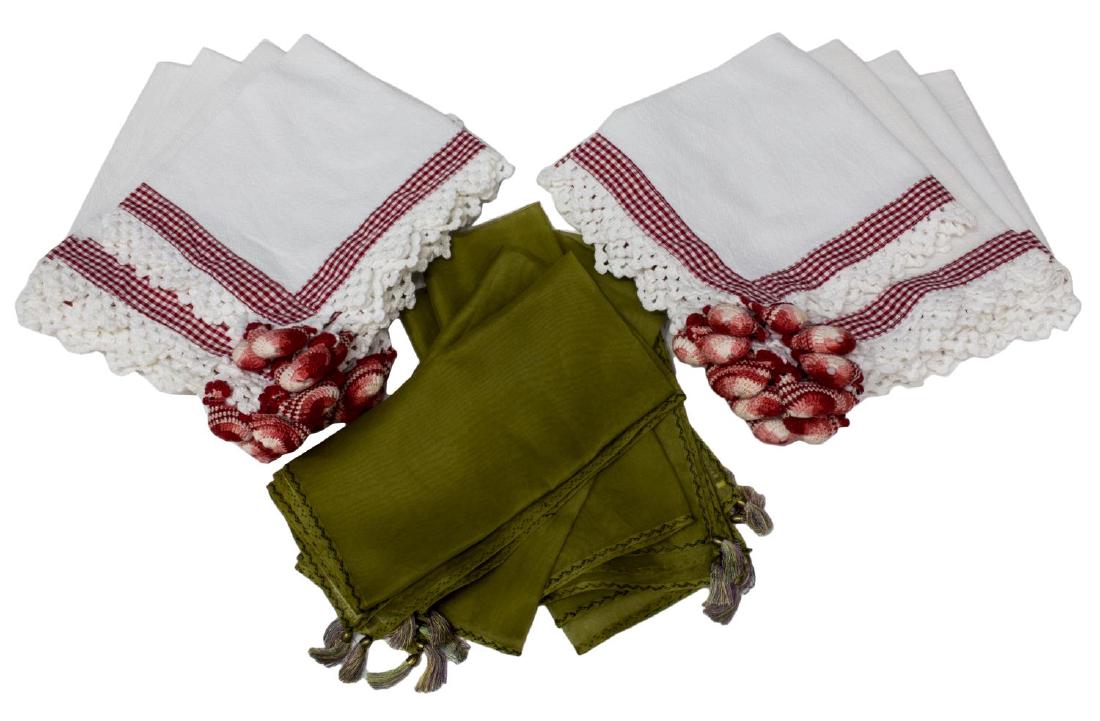 (12) MACKENZIE-CHILDS ROOSTER & SILK TABLE NAPKINS: (lot of 12) Mackenzie-Childs handmade table napkins, from the Roberta Schilling Collection, each in white with red check border, with crocheted roosters to each corner, 19.5"sq; together with (4) gree