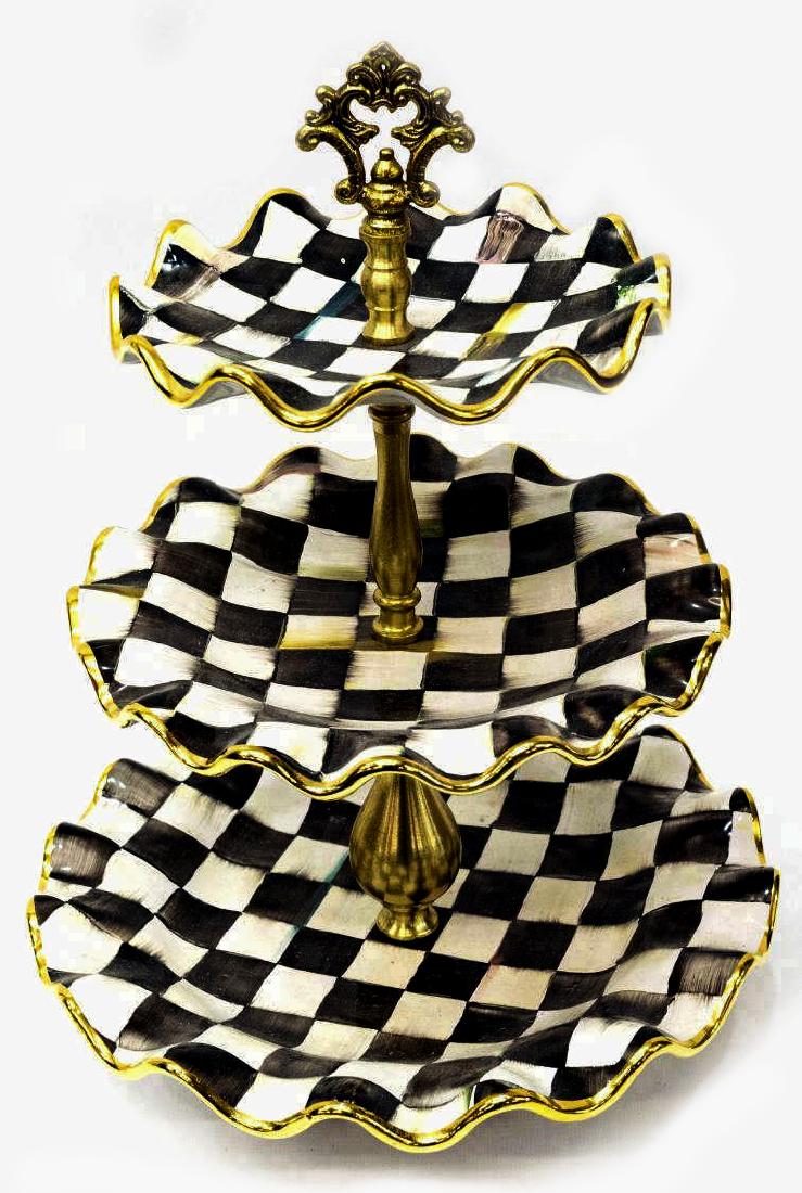MACKENZIE-CHILDS 'COURTLY CHECK' 3-TIERED SERVER: MacKenzie-Childs parcel gilt and painted ceramic three-tiered cake stand, in "Courtly Check", with a gilt brass finial above the three plates with scalloped edges, marked underfoot, 15"h, 11" diam., 6