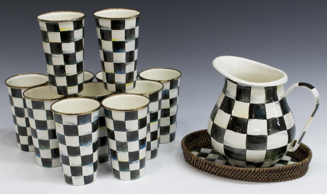 (11) MACKENZIE-CHILDS PAINTED ENAMEL SERVICE SET: (lot of 13) MacKenzie-Childs painted enamel service set, in "Courtly Check", comprising: (1) pitcher, 8.5"h, 9"w, 7"d; (1) small rattan and metal tray, 1"h, 11"w, 8"d; (11) tumblers, 6"h; 6lbs *Proven