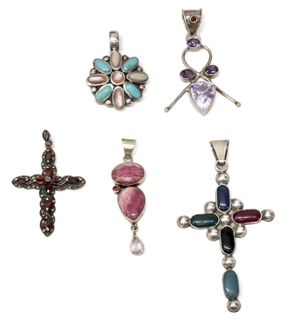 (5) STERLING SILVER STONE & GEMSET PENDANTS: (lot of 5) Collection of semi-precious gemset pendants, all in sterling silver frames, (2) crosses, (2) abstract pendants and (1) floriform pendant, stones include turquoise, amethyst, etc., largest: