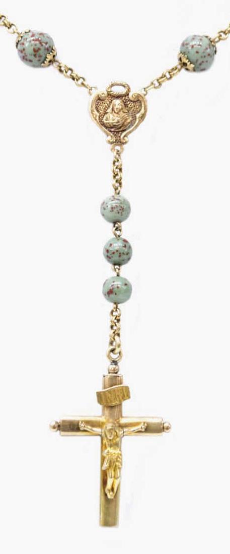 ESTATE BLOODSTONE & 10KT GOLD CATHOLIC ROSARY: Estate Catholic rosary, possibly 10kt figural cross pendant and bloodstone beads, 40"l, 85.9 grams (inclusive of all material) (RS004) Start Price: $80.00