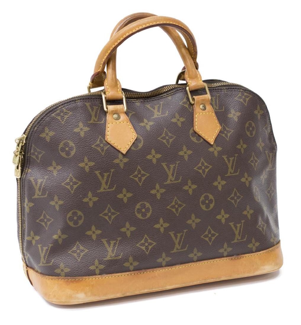 LOUIS VUITTON 'ALMA' MONOGRAM CANVAS HANDBAG: Louis Vuitton "Alma" handbag in monogram canvas, having leather handles and trim, gold tone hardware, dual zipper opening to a canvas lined interior with slip and cell pocket, scuffing and spotting to