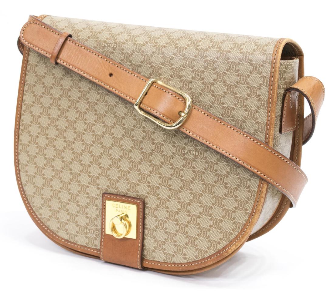 CELINE CROSSBODY MACADAM MONOGRAM CANVAS BAG: Celine crossbody shoulder bag in Macadam monogrammed canvas, with leather accents, gold tone hardware, flap top opens to divided interior with zippered pocket, spotting and creasing to leather, bag: a