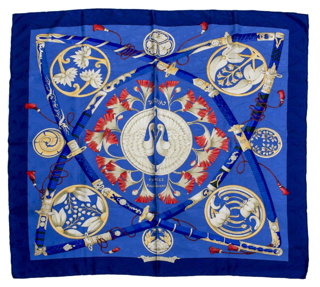 HERMES 'DAIMYO PRINCES DE SOLEIL LEVANT' SCARF: Hermes silk twill scarf, "Daimyo Princes de Soleil Levant", design by Francoise Faconnet, c. 1990, in navy, blues, golds, yellows, creams, and reds, retaining box, 35"h, 34"w, 0.25lbs *Provenance: Lux