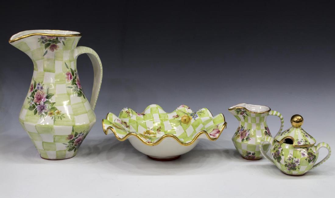 (4) MACKENZIE-CHILDS CERAMIC 'SWEET PEA' TABLEWARE: (lot of 4) MacKenzie-Childs ceramic tableware collection, in "Sweet Pea", including: (1) handled pitcher, approx 12.5"h; (1) wavy rim serving bowl, approx 12.25"diam; (1) creamer with handle, approx 5