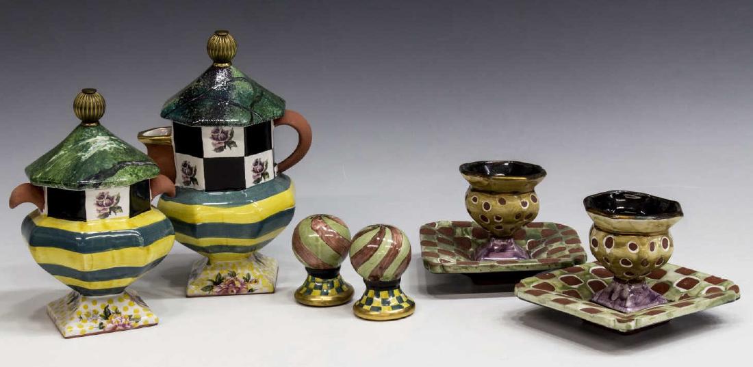 (6) MACKENZIE-CHILDS SEA & SHORE, TORQUAY GROUP: (lot of 6) MacKenzie-Childs hand painted ceramic terra cotta tableware, in Sea and Shore and Torquay pattern, comprising: (2) lidded and footed creamer and sugar, 8"h, 5.5"w; (2) egg cups, 3"h, 6"w; (
