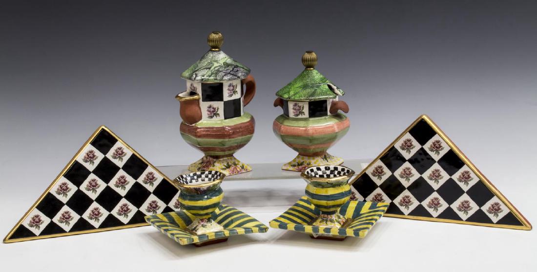 (6) MACKENZIE CHILDS TORQUAY TABLEWARE GROUP: (lot of 6) MacKenzie-Childs hand painted ceramic terra cotta tableware, in "Torquay" pattern, in "Frank and Mustard", Sea and Shore" colors, comprising: (2) egg cups, 3"h, 6"w; (1) lidded creamer, 8"h