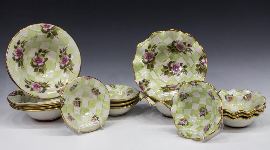 (14) MACKENZIE-CHILDS HONEYMOON SWEET-PEA GROUP: (lot of 14) MacKenzie-Childs bowls in "Honeymoon" pattern, "Sweet Pea" color, comprising: (2) cereal bowls with scalloped rim, 2.75"h, 8.5" diam.; (4) small bowls with scalloped rim, 2.25"h, 5.75" dia