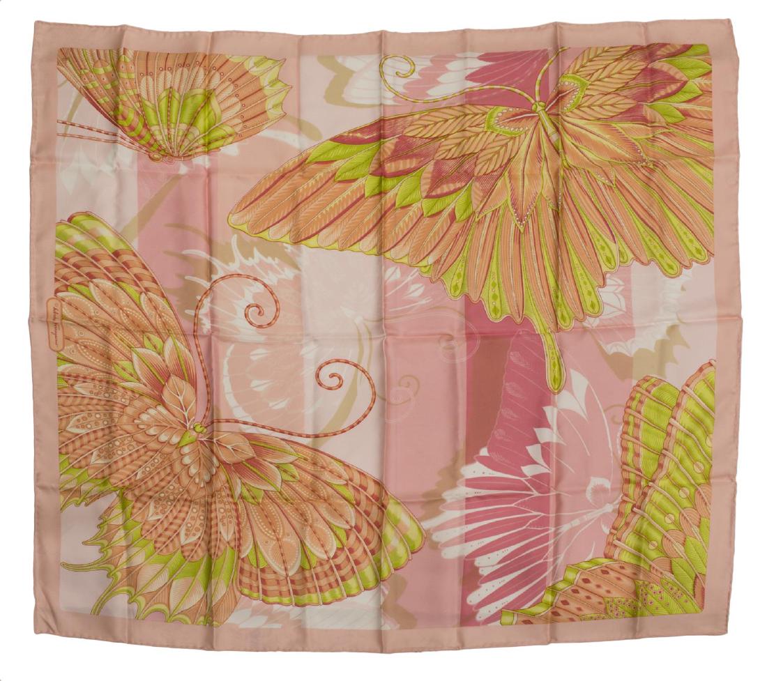 FERRAGAMO BUTTERFLY MOTIF SILK TWILL SQUARE SCARF: Ferragamo silk twill square scarf, a butterflies motif, in pinks and greens, 34" sq, 0.25lbs *Provenance: Luxury goods offered in partnership with Brand Connection Paris*