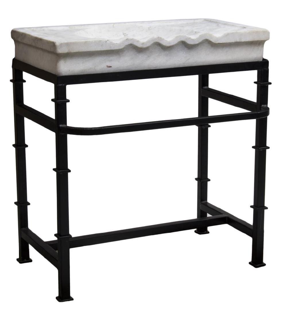 CARVED MARBLE SINK ON BLACK WROUGHT IRON STAND (1 of 3)