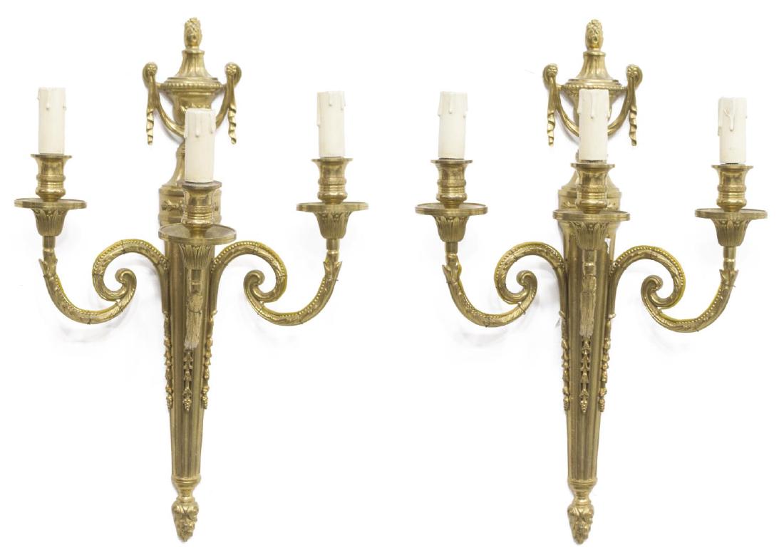 (2) LOUIS XVI STYLE BRASS THREE-LIGHT WALL SCONCES (1 of 2)