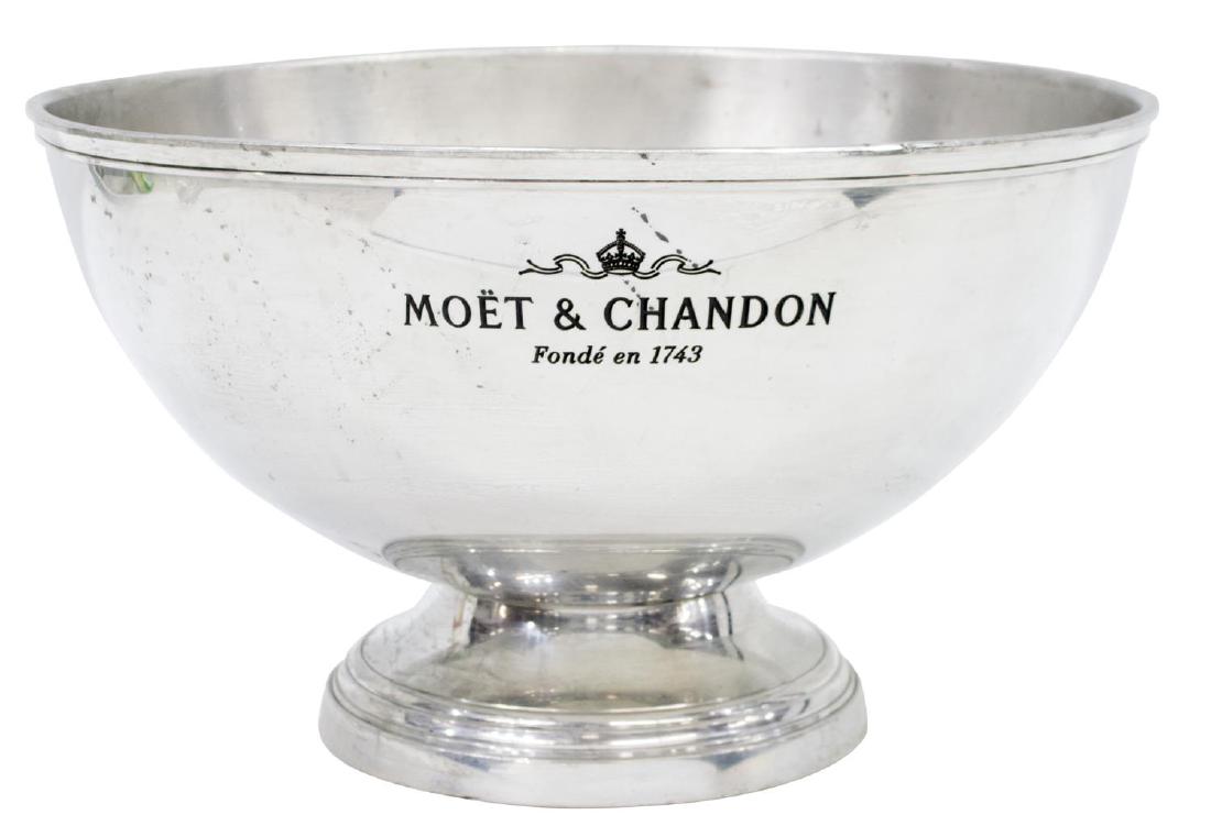 FRENCH MOET & CHANDON PEWTER ICE BUCKET COOLER: French pewter champagne or wine cooler, MoÃ«t & Chandon, the large bowl showing logo above Fonde en 1743, rising on a round pedestal foot, marked Etain with touchmark underfoot, some surface wear an