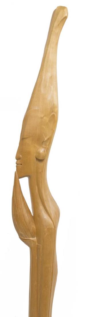 TEAKWOOD CARVED FIGURE, 67"H: Finely carved wood statue, Indonesia, 20th c., teakwood, a female figure holding an item in her hands, a bird at the rectangular base, 67"h, 6"w, 8.5"d Start Price: $80.00