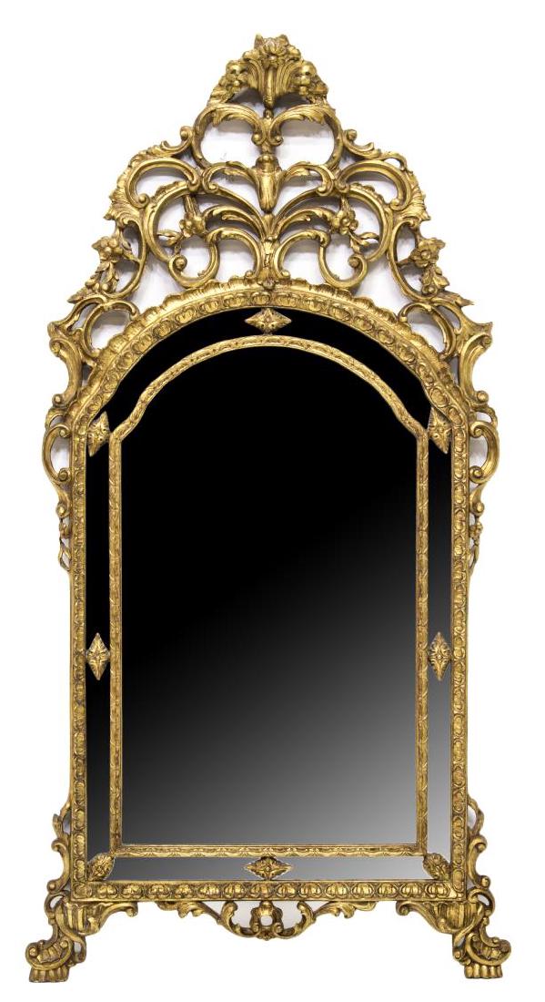 LARGE CRESTED BAROQUE STYLE GILTWOOD WALL MIRROR (1 of 2)
