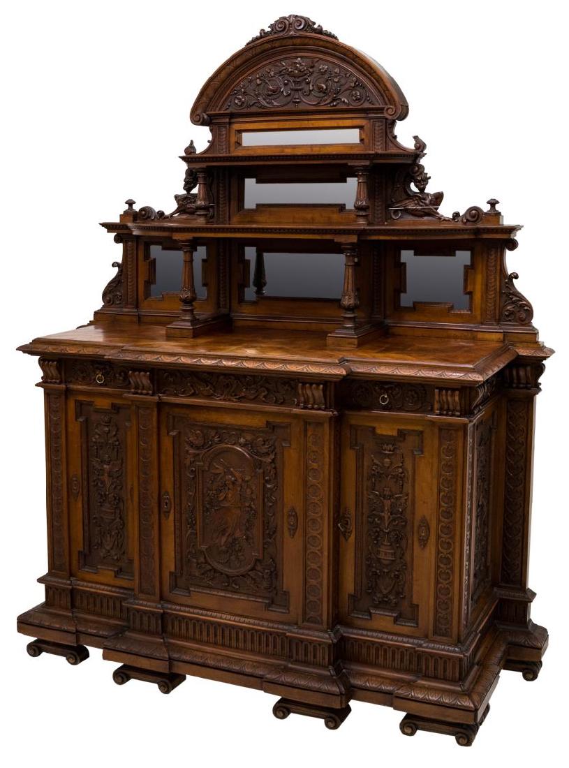 ITALIAN CARVED & INLAID WALNUT MIRRORED SIDEBOARD (1 of 10)