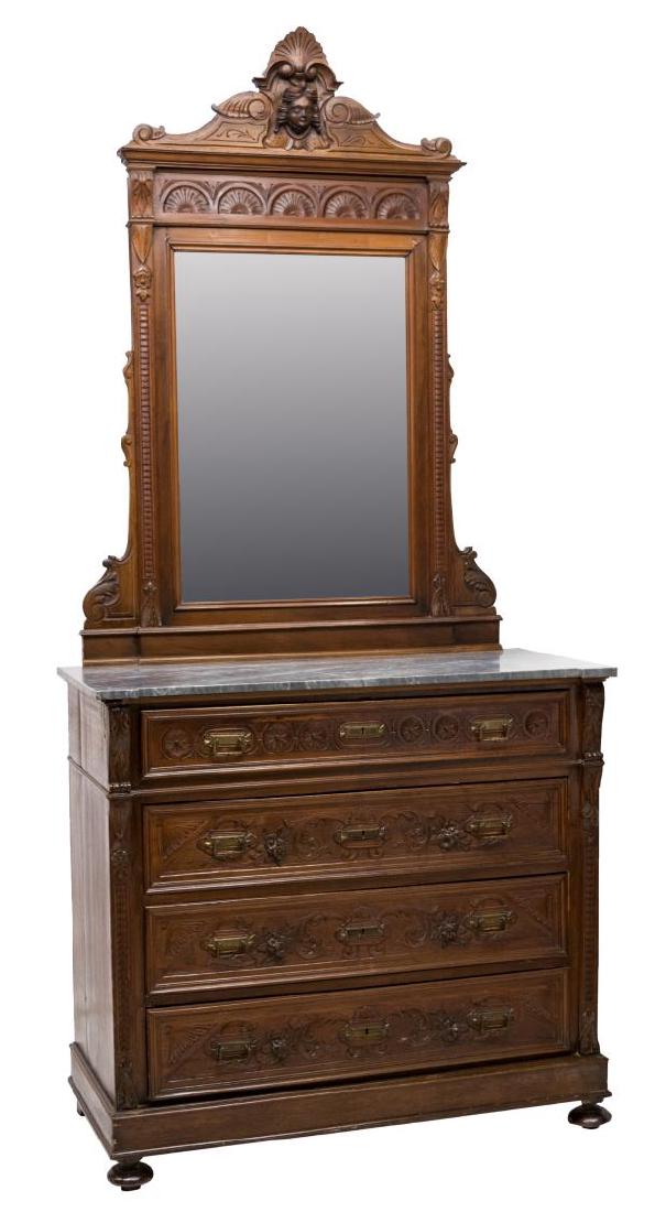 ITALIAN CARVED WALNUT MARBLE TOP COMMODE & MIRROR (1 of 5)
